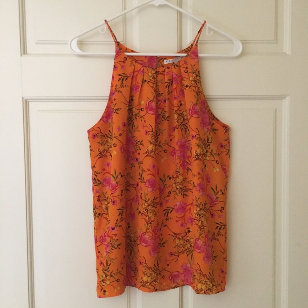 Women’s Tank Top Size (S) Sleeveless Blouse Orange Floral | Violet and Claire